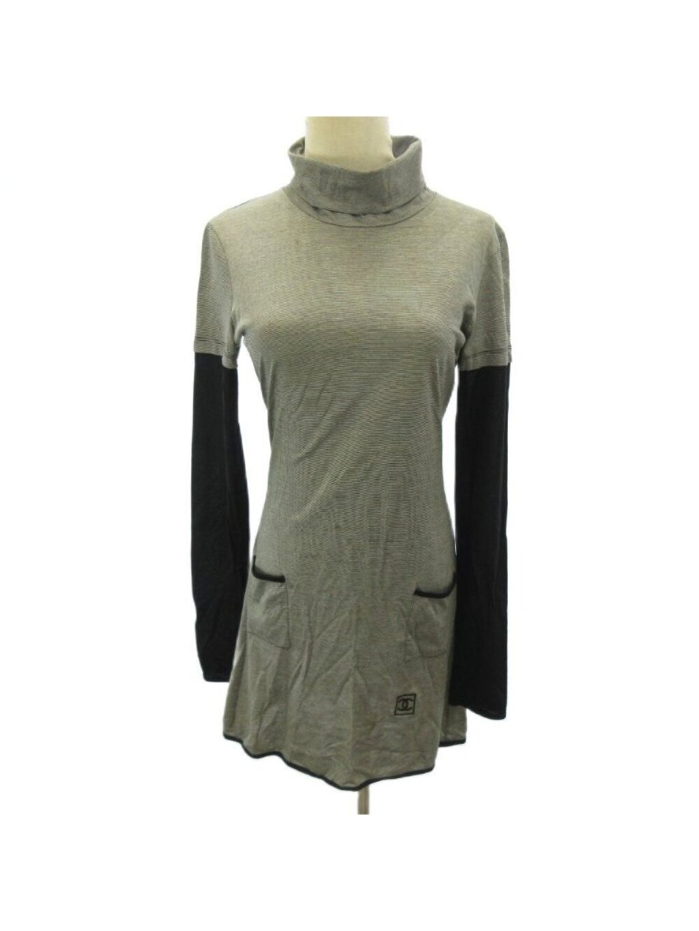 Chanel Sport Line Turtle Neck Top Border Long Sleeve Gray Black 38